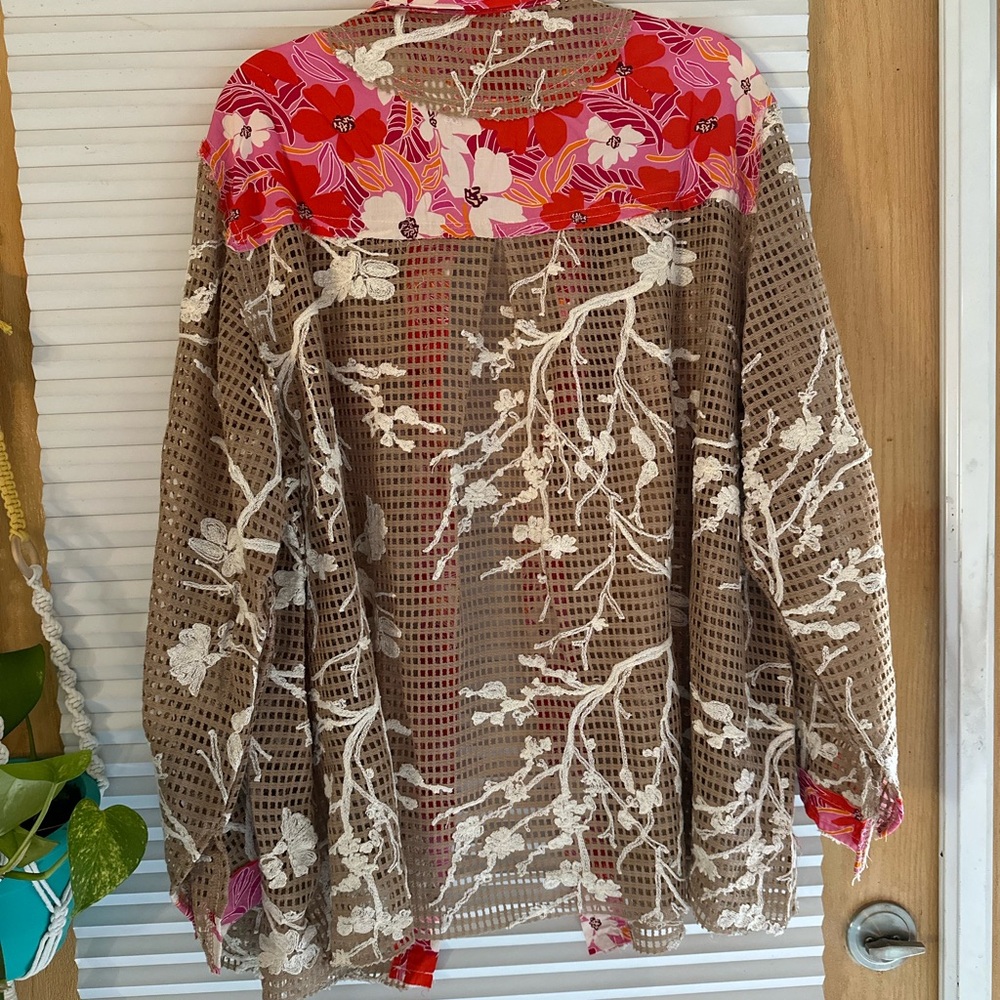 Boho Patchwork Open Front Shirt Jacket - Pink Multicolor - Picture 6 of 10